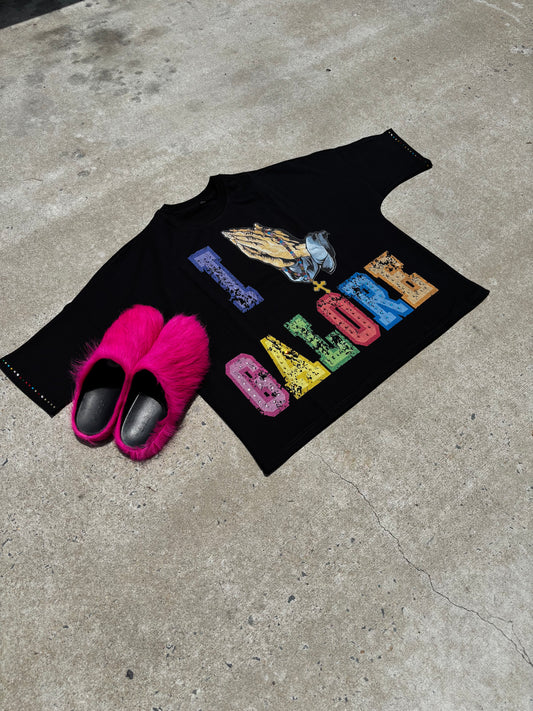 BLACK “I BLESS GALORE” BOXY CROPPED TEE